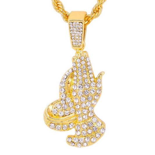 Iced Medium Praying Hands Pendant with 4mm Rope Chain - CRDHC1-1388G