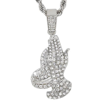 Iced Medium Praying Hands Pendant with 4mm Rope Chain - CRDHC1-1388G