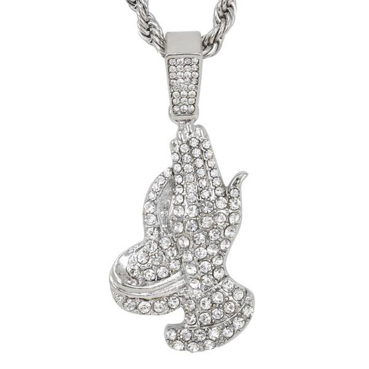 Iced Medium Praying Hands Pendant with 4mm Rope Chain - CRDHC1-1388G
