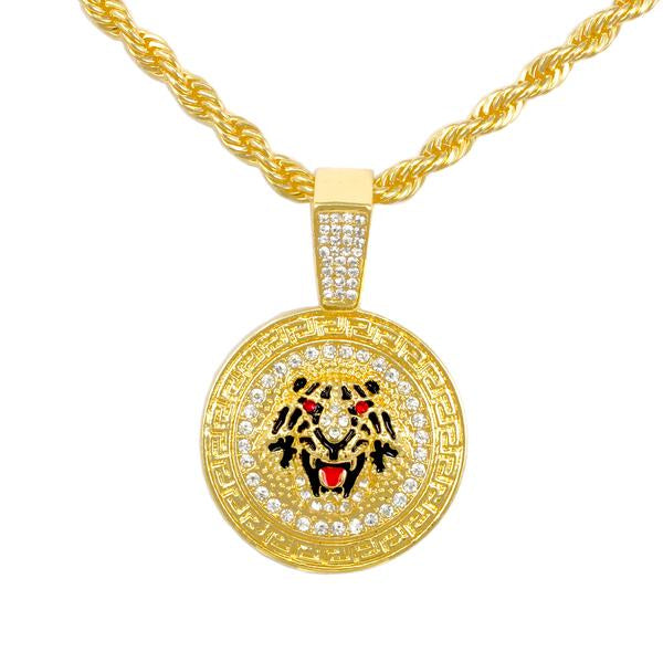 Iced Medium Tiger Pendant with 4mm Rope Chain - CRDHC1-1376G