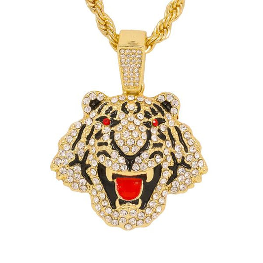 Iced Medium Tiger Pendant with 4mm Rope Chain - CRDHC1-1349G