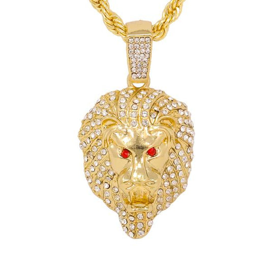 Iced Medium Lion Pendant with 4mm Rope Chain - CRDHC1-1324G