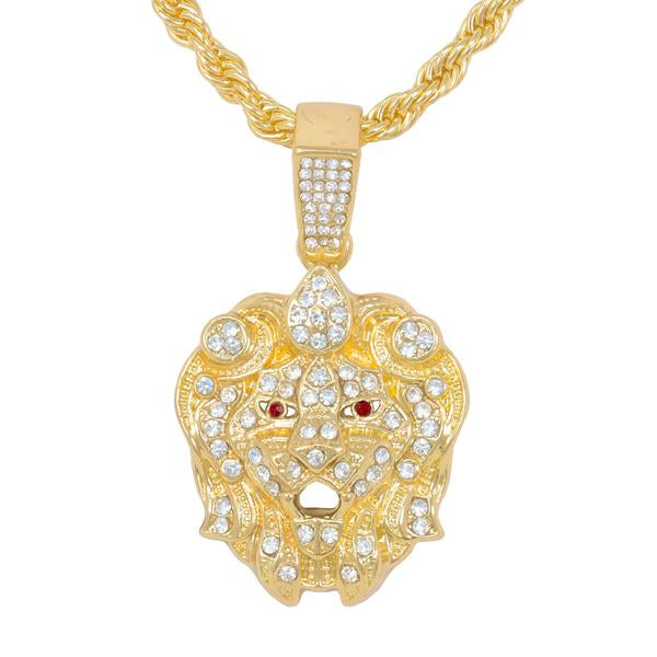 Iced Medium Lion Pendant with 4mm Rope Chain - CRDHC1-1323G