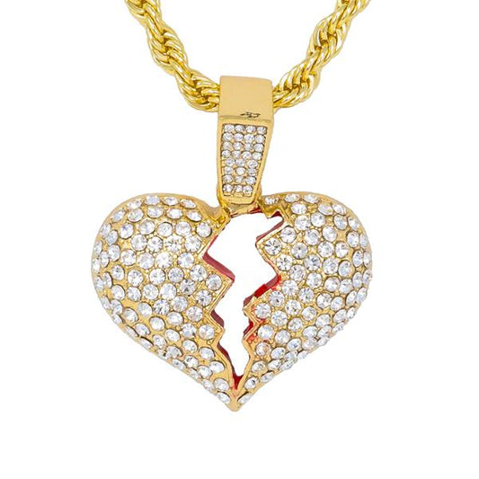 Iced Medium Heart Pendant with 4mm Rope Chain - CRDHC1-1316G