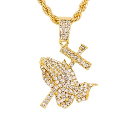 Iced Medium Praying Hands Pendant with 4mm Rope Chain - CRDHC1-1221G