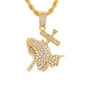 Iced Medium Praying Hands Pendant with 4mm Rope Chain - CRDHC1-1221G