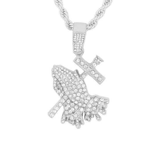 Iced Medium Praying Hands Pendant with 4mm Rope Chain - CRDHC1-1221G