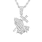 Iced Medium Praying Hands Pendant with 4mm Rope Chain - CRDHC1-1221G