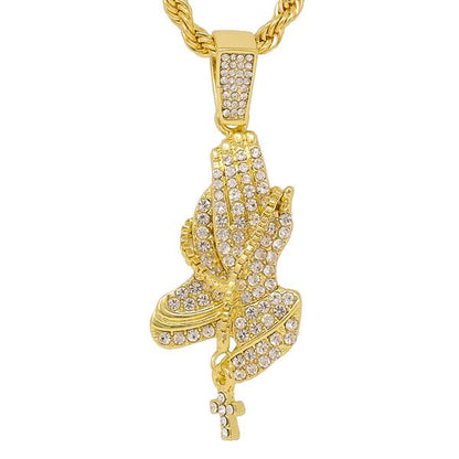 Iced Medium Praying Hand Pendant with 4mm Rope Chain - CRDHC1-1176G