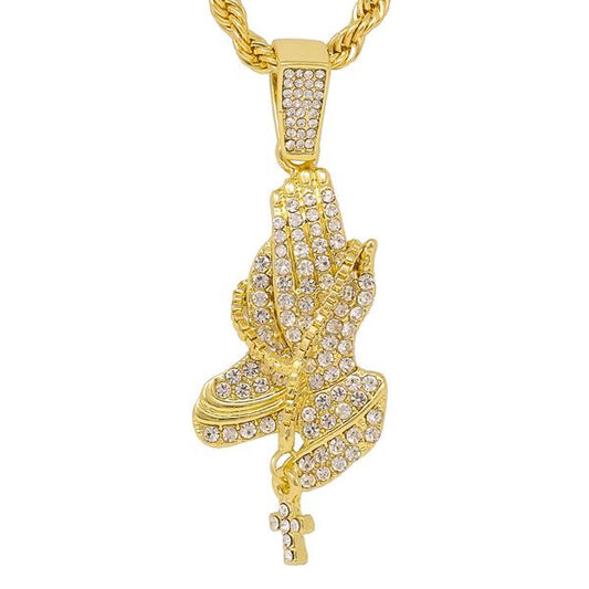 Iced Medium Praying Hand Pendant with 4mm Rope Chain - CRDHC1-1176G