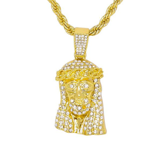 Iced Medium Jesus Pendant with 4mm Rope Chain - CRDHC1-1175G