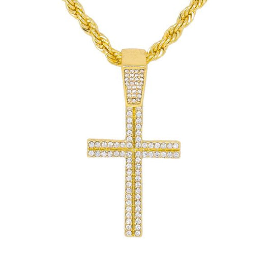 Iced Medium Cross Pendant with 4mm Rope Chain - CRDHC1-1129G