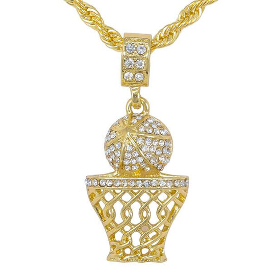 Iced Medium Basketball Pendant with 4mm Rope Chain - CRDHC1-1109G