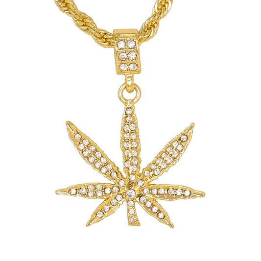 Iced Medium Leaf Pendant with 4mm Rope Chain - CRDHC1-1063G