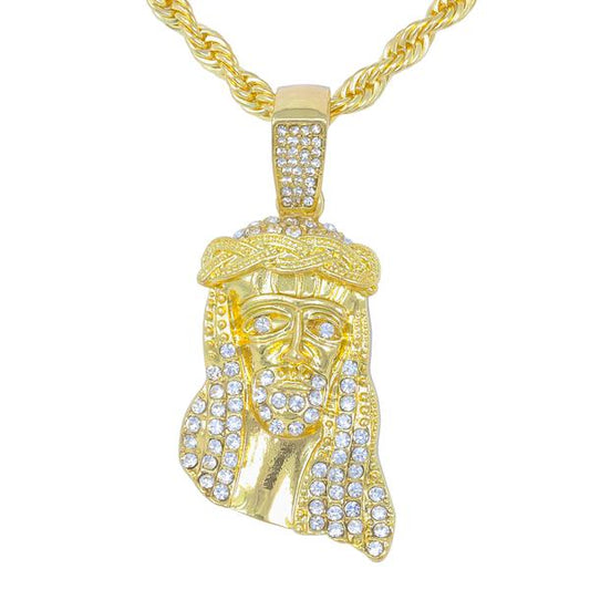 Iced Medium Jesus Pendant with 4mm Rope Chain - CRDHC1-1057G