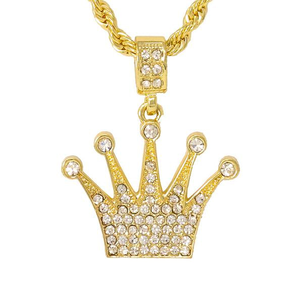 Iced Medium Crown Pendant with 4mm Rope Chain - CRDHC1-1048G