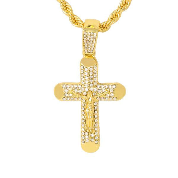 Iced Medium Crucifix Pendant with 4mm Rope Chain - CRDHC1-1022G