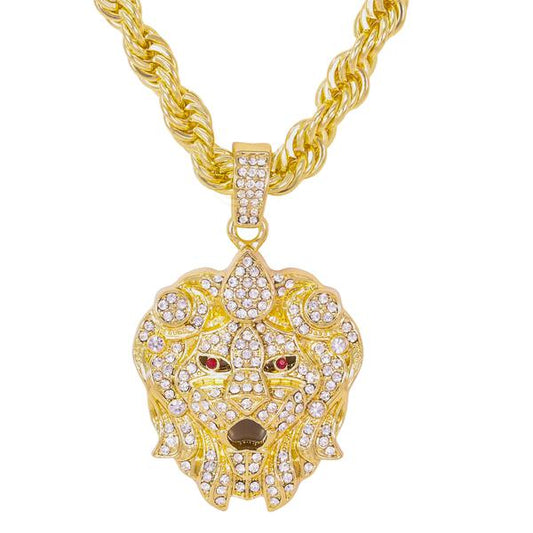 Iced Large Lion Pendant with 8mm Rope Chain - CRDHC8-8031G