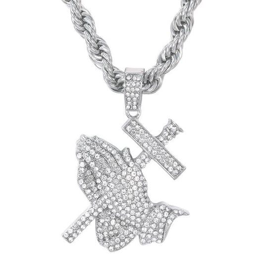 Iced Large Praying Hands Pendant with 8mm Rope Chain - CRDHC8-8011S