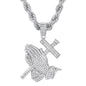 Iced Large Praying Hands Pendant with 8mm Rope Chain - CRDHC8-8011S