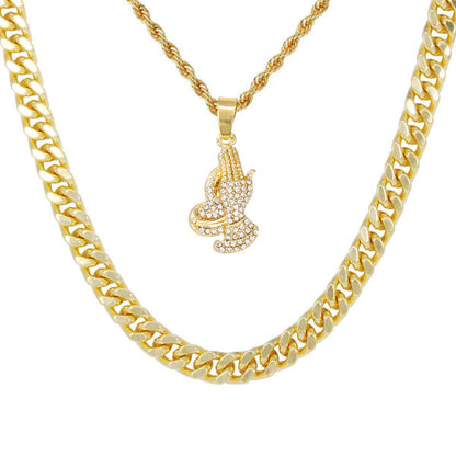 Praying-Hands-Necklace-&-9mm-Solid-Cuban-Chain-Set-