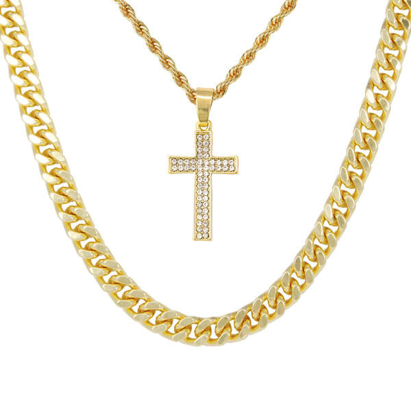 Cross-Necklace-&-9mm-Solid-Cuban-Chain-Set-