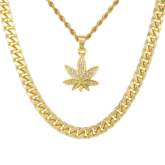 Leaf-Necklace-&-9mm-Solid-Cuban-Chain-Set-
