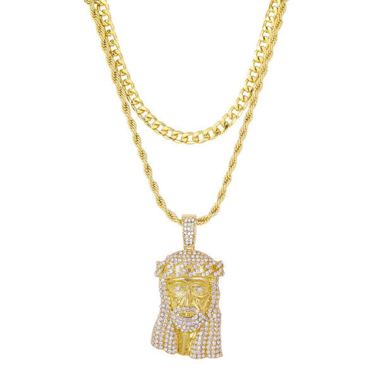 2on Iced Jesus Necklace with 6mm Solid Cuban Chain - CRDL11-8003