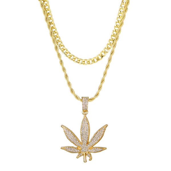 2on Iced Leaf Necklace with 6mm Solid Cuban Chain - CRDL11-8055