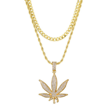 2on Iced Leaf Necklace with 6mm Solid Cuban Chain - CRDL11-8055