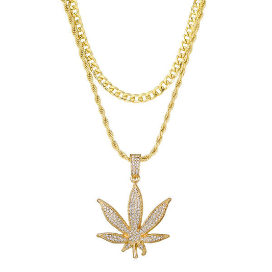 2on Iced Leaf Necklace with 6mm Solid Cuban Chain - CRDL11-8055