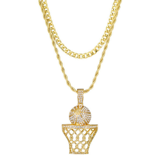 2on Iced Basketball Necklace with 6mm Solid Cuban Chain - CRDL11-8061