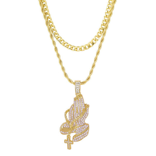 2on Iced Praying Hands Necklace with 6mm Solid Cuban Chain - CRDL11-8002