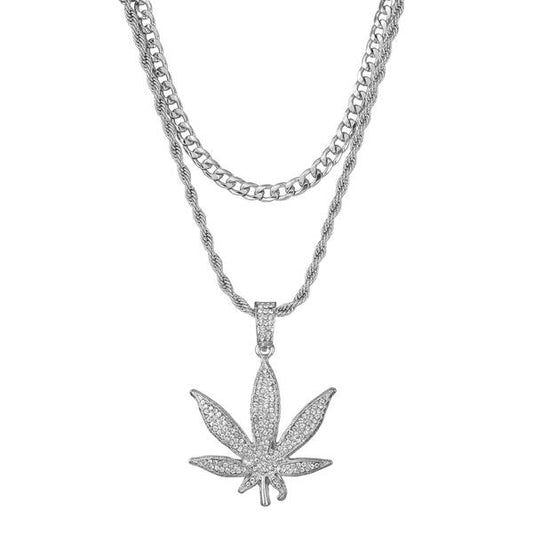 2on Iced Leaf Necklace with 6mm Solid Cuban Chain - CRDL11-8055