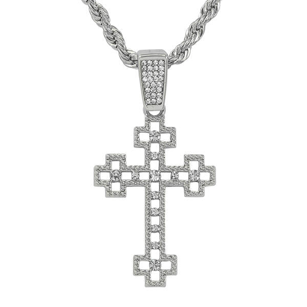 Iced Medium Cross Pendant with 4mm Rope Chain 24" - RC-1012