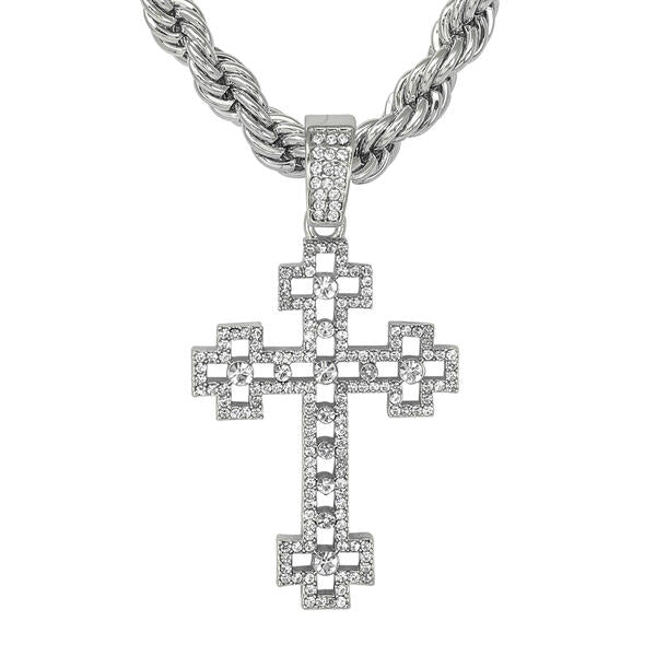 Iced Large Cross Pendant with 8mm Rope Chain 24" - RC-5012