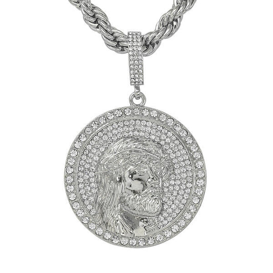 Iced Large Jesus Medallion Pendant with 8mm Rope Chain 24" - RC-5302