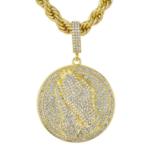 Iced Large Praying Hand Medallion Pendant with 8mm Rope Chain 24" - RC-5303