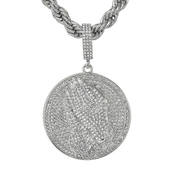 Iced Large Praying Hand Medallion Pendant with 8mm Rope Chain 24" - RC-5303