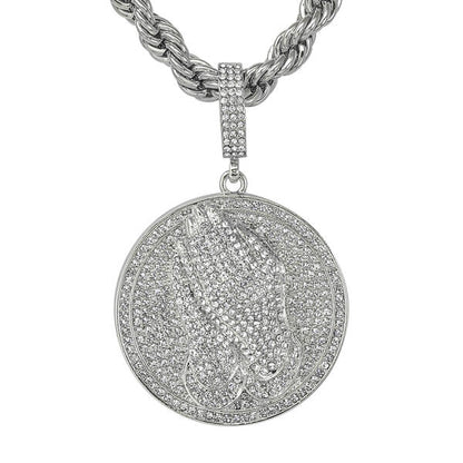 Iced Large Praying Hand Medallion Pendant with 8mm Rope Chain 24" - RC-5303