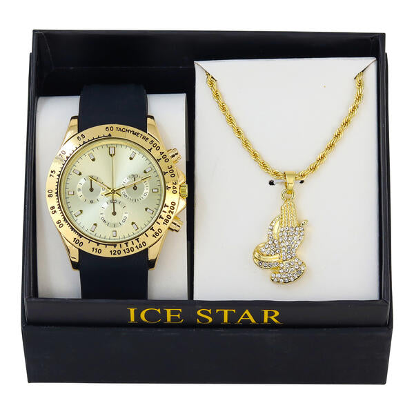 Classic Silicone Watch and Praying Hand Necklace Set - SB1K-2-392