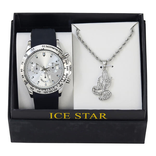 Classic Silicone Watch and Praying Hand Necklace Set - SB1K-2-392