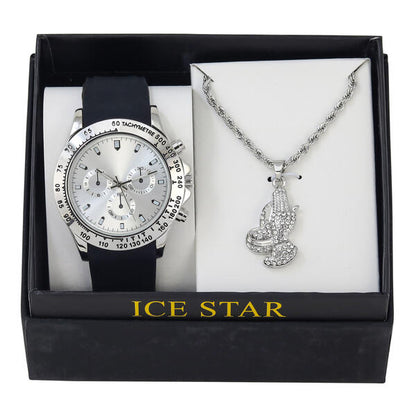 Classic Silicone Watch and Praying Hand Necklace Set - SB1K-2-392