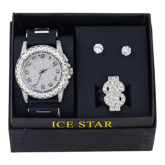Watch and Iced Out Ring with Earrings Gift Set - WRE-ST-002