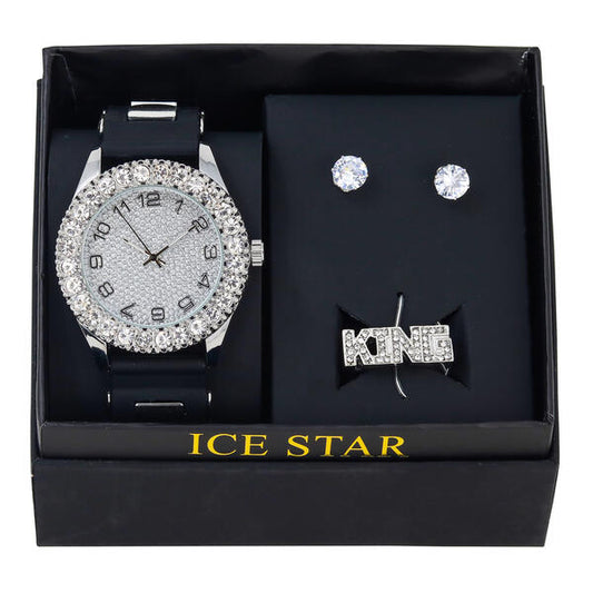 Watch and Iced Out Ring with Earrings Gift Set - WRE-ST-004