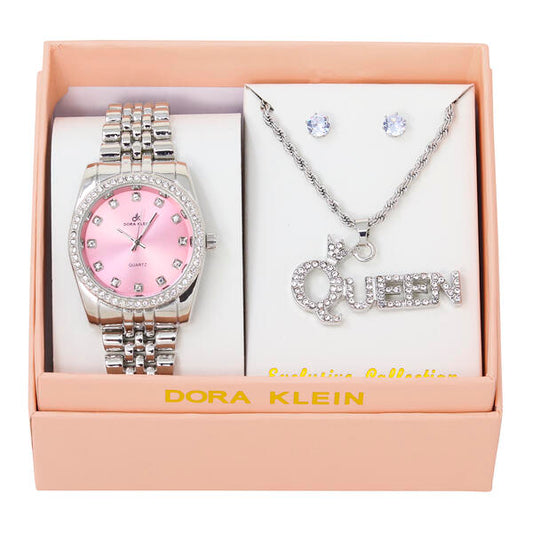 Ladies Metal Band Watch and Queen Necklace Set - LW1K-103