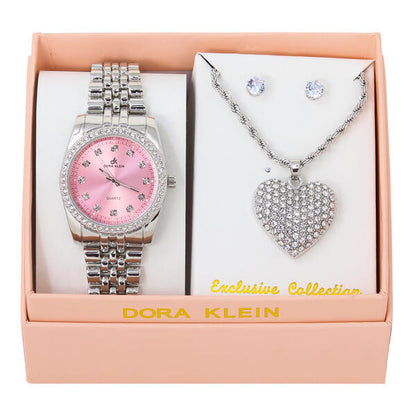 Ladies Metal Band Watch and Heart Necklace Set - LW1K-104