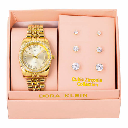 Ladies Metal Band Watch and Round 3on Studs Set - LW3ER-101