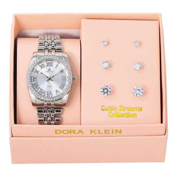 Ladies Metal Band Watch and Round 3on Studs Set - LW3ER-101