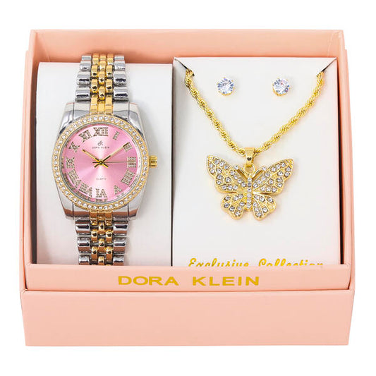 Ladies Metal Band Watch and Butterfly Necklace Set - LW1K-101